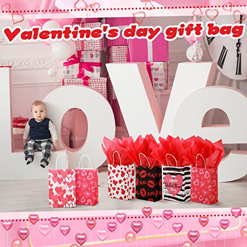 24 Pcs Valentines Day Gift Bag Valentines Kraft Paper Bags with Red Tissue Paper Heart Shaped Treat Goodies Bag Wrapping for Wedding Valentines Party Favor Decorations Kids Classroom Exchange Prizes