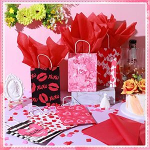 24 Pcs Valentines Day Gift Bag Valentines Kraft Paper Bags with Red Tissue Paper Heart Shaped Treat Goodies Bag Wrapping for Wedding Valentines Party Favor Decorations Kids Classroom Exchange Prizes