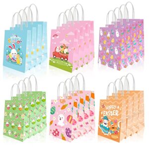 24pcs easter treat bags with handles, easter bags for treats, easter party favor bags, easter gift bags, easter egg hunt bags decorated with happy easter bunny and chicks pattern for kids spring party