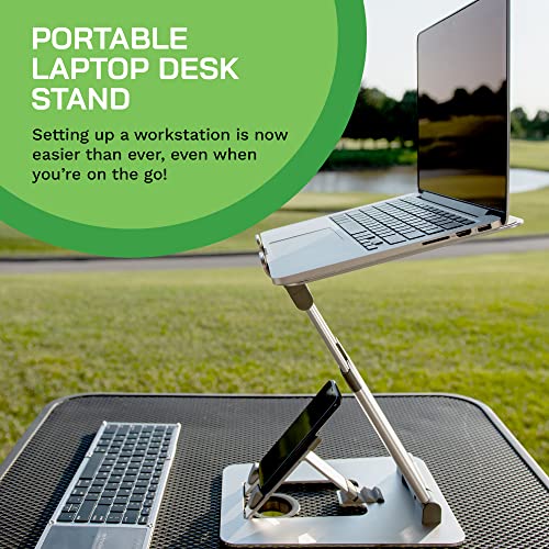 obVus Solutions - minder 2.0 Height-Adjustable Laptop Stand with Integrated Smartphone Holder – Ergonomic, Portable, and Foldable Stand for 10” to 17” Tablets and Laptops