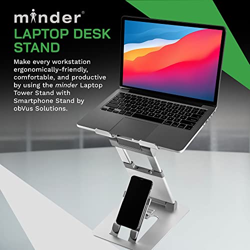 obVus Solutions - minder 2.0 Height-Adjustable Laptop Stand with Integrated Smartphone Holder – Ergonomic, Portable, and Foldable Stand for 10” to 17” Tablets and Laptops