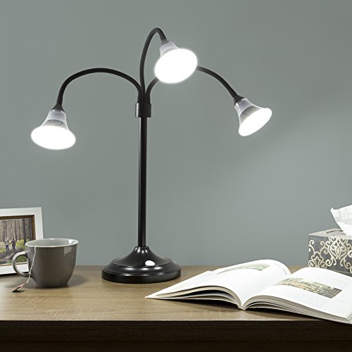 Lavish Home 3 Head Desk Lamp, LED Light with Adjustable Arms, Touch Switch and Dimmer (Black)