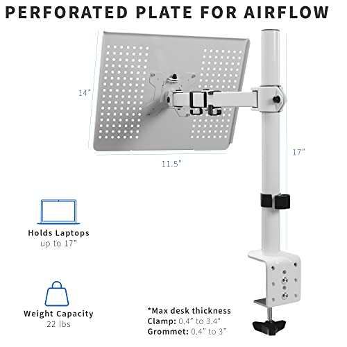 VIVO Single Laptop Notebook Desk Mount Stand, Fully Adjustable Extension with C-clamp, Fits up to 17 inch Laptops, White, STAND-V001LW