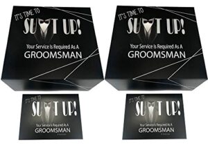 groomsmen gift boxes set of 2 (8x8x4 in) empty set with silver foil design and matching proposal cards for asking the groom’s team to be in wedding. (2 groomsmen, 2)
