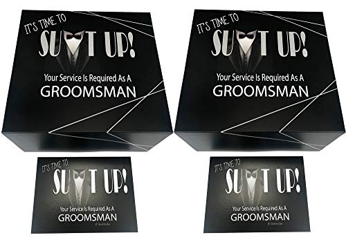 Groomsmen Gift Boxes Set of 2 (8x8x4 in) Empty Set with Silver Foil Design and Matching Proposal Cards for Asking The Groom's Team to Be in Wedding. (2 Groomsmen, 2)