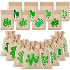 32 pieces st patricks day bags, st. patricks drawstring bag, shamrock burlap bags, st patricks day goodie bag clovers burlap gift bags linen treat bags for kids irish party favors supply