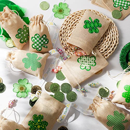 32 Pieces St Patricks Day Bags, St. Patricks Drawstring Bag, Shamrock Burlap Bags, St Patricks Day Goodie Bag Clovers Burlap Gift Bags Linen Treat Bags for Kids Irish Party Favors Supply