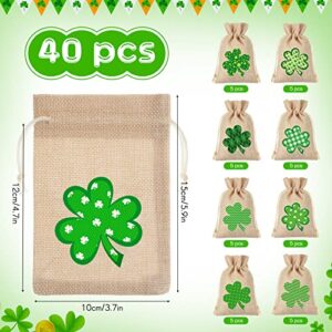 32 Pieces St Patricks Day Bags, St. Patricks Drawstring Bag, Shamrock Burlap Bags, St Patricks Day Goodie Bag Clovers Burlap Gift Bags Linen Treat Bags for Kids Irish Party Favors Supply
