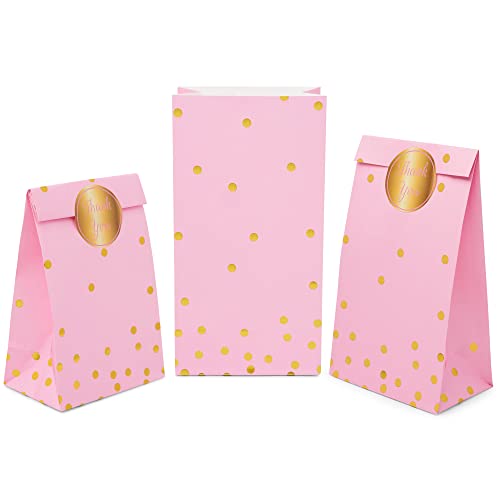 ROYAL BLUEBONNET Pink and Gold Confetti Gift Bags -Set of 24- Pink Paper Goodie Bags and Stickers – Baby Shower Favor Bags, Pink and Gold Party Decorations, Pink Party Supplies, Pink Candy Bags