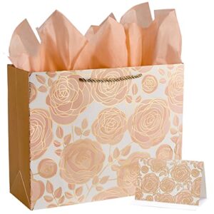 suncolor 13″ rose gold large gift bag with card and tissue paper