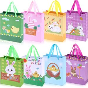 chuangdi 16 pieces easter paper bags easter bunny egg chicken gift bags with handles for easter party supplies, 8 styles