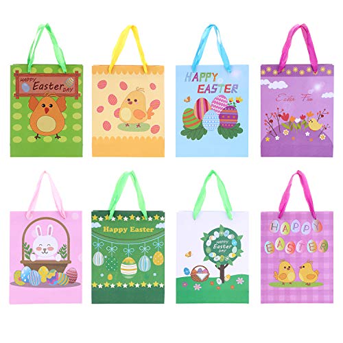 Chuangdi 16 Pieces Easter Paper Bags Easter Bunny Egg Chicken Gift Bags with Handles for Easter Party Supplies, 8 Styles