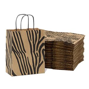 brown paper gift bags – 10x5x13 inch 50 pack brown animal print medium bags with handles, cheetah, zebra, leopard, for shopping, groceries, small business, retail, take-out, merchandise, parties, events