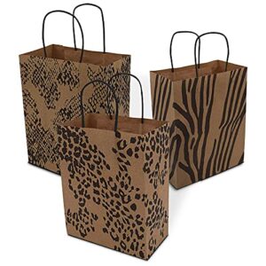 Brown Paper Gift Bags - 10x5x13 Inch 50 Pack Brown Animal Print Medium Bags with Handles, Cheetah, Zebra, Leopard, for Shopping, Groceries, Small Business, Retail, Take-Out, Merchandise, Parties, Events