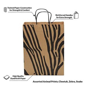 Brown Paper Gift Bags - 10x5x13 Inch 50 Pack Brown Animal Print Medium Bags with Handles, Cheetah, Zebra, Leopard, for Shopping, Groceries, Small Business, Retail, Take-Out, Merchandise, Parties, Events