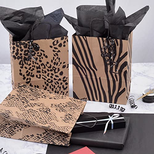 Brown Paper Gift Bags - 10x5x13 Inch 50 Pack Brown Animal Print Medium Bags with Handles, Cheetah, Zebra, Leopard, for Shopping, Groceries, Small Business, Retail, Take-Out, Merchandise, Parties, Events