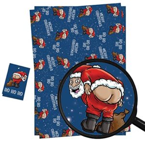 christmas wrapping paper sheets + gift tags (pack 2) funny rude santa pulling a mooney design for men & women