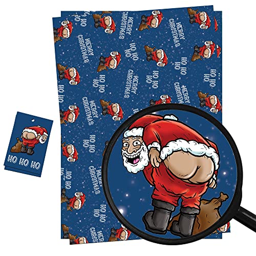 Christmas Wrapping Paper Sheets + Gift Tags (Pack 2) Funny Rude Santa Pulling A Mooney Design For Men & Women