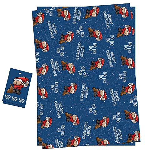 Christmas Wrapping Paper Sheets + Gift Tags (Pack 2) Funny Rude Santa Pulling A Mooney Design For Men & Women