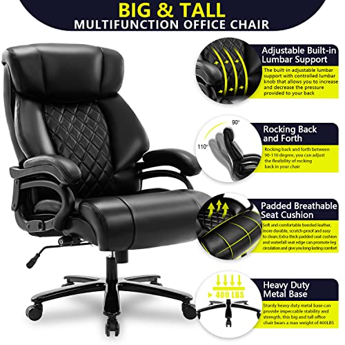 Big and Tall Office Chair 400lb- Adjustable Lumbar Support, Heavy Duty Metal Base, High Back Large Executive Office Chair, Computer Desk Chair Ergonomic Design for Back Pain, Black