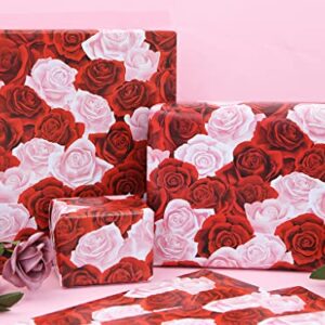 Rose Gift Wrapping Paper, Red and Pink Floral Gift Wrap 4 Folded Sheets Bridal Shower Wedding Wrapping Paper for Valentine's Day Birthday Women Mother's Day Lover's Gift Wraps