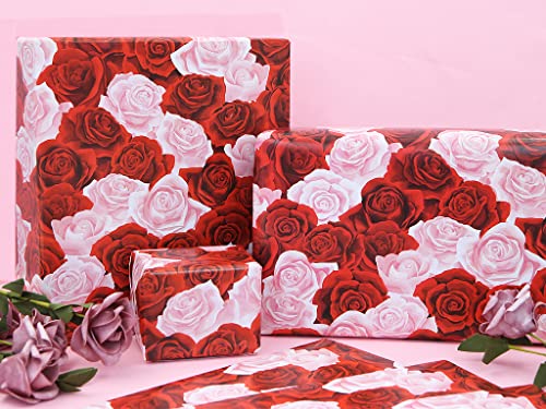 Rose Gift Wrapping Paper, Red and Pink Floral Gift Wrap 4 Folded Sheets Bridal Shower Wedding Wrapping Paper for Valentine's Day Birthday Women Mother's Day Lover's Gift Wraps