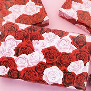 Rose Gift Wrapping Paper, Red and Pink Floral Gift Wrap 4 Folded Sheets Bridal Shower Wedding Wrapping Paper for Valentine's Day Birthday Women Mother's Day Lover's Gift Wraps