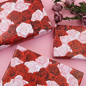 Rose Gift Wrapping Paper, Red and Pink Floral Gift Wrap 4 Folded Sheets Bridal Shower Wedding Wrapping Paper for Valentine's Day Birthday Women Mother's Day Lover's Gift Wraps