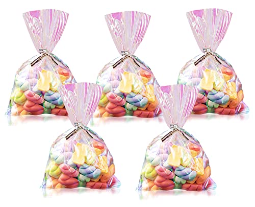 100pcs Cellophane Treat Bags, 4"x6" Iridescent Holographic Goodie Bags, Candy Bags Party Favors Bags with Twist Ties for Birthday Wedding Halloween Christmas, Valentines (4 x 6 inches (Pack of 100))