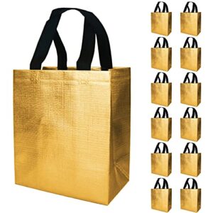 huann 12 pcs gold gift bags medium size shine reusable gift bags with handles metallic glossy non woven gift bags for wedding christmas party birthday 8 x 5 x 10 inch