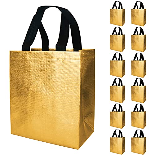 HUANN 12 Pcs Gold Gift Bags Medium Size Shine Reusable Gift Bags with Handles Metallic Glossy Non Woven Gift Bags for Wedding Christmas Party Birthday 8 x 5 x 10 Inch