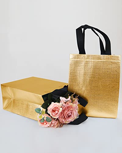 HUANN 12 Pcs Gold Gift Bags Medium Size Shine Reusable Gift Bags with Handles Metallic Glossy Non Woven Gift Bags for Wedding Christmas Party Birthday 8 x 5 x 10 Inch