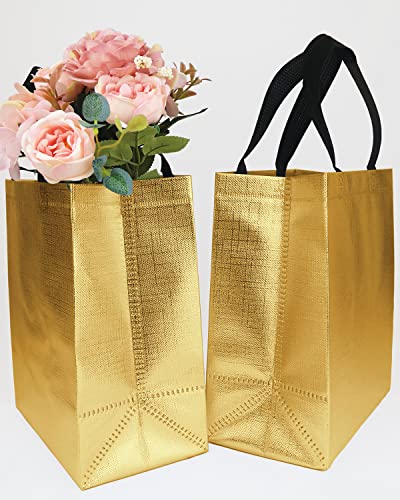 HUANN 12 Pcs Gold Gift Bags Medium Size Shine Reusable Gift Bags with Handles Metallic Glossy Non Woven Gift Bags for Wedding Christmas Party Birthday 8 x 5 x 10 Inch