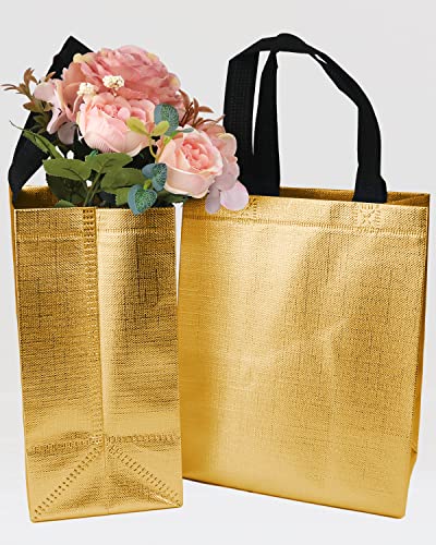 HUANN 12 Pcs Gold Gift Bags Medium Size Shine Reusable Gift Bags with Handles Metallic Glossy Non Woven Gift Bags for Wedding Christmas Party Birthday 8 x 5 x 10 Inch