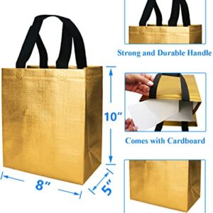 HUANN 12 Pcs Gold Gift Bags Medium Size Shine Reusable Gift Bags with Handles Metallic Glossy Non Woven Gift Bags for Wedding Christmas Party Birthday 8 x 5 x 10 Inch