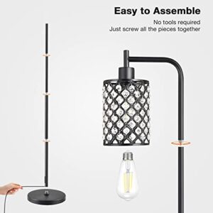 Hong-in Crystal Floor Lamp - Tall Lamp with 6W LED Bulb, Modern Standing Floor Lamps for Living Room with Foot Switch, Black Floor lamp for Bedroom Office Reading Dining Room Kitchen, 64.6 Inch