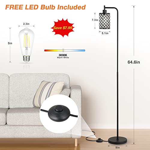 Hong-in Crystal Floor Lamp - Tall Lamp with 6W LED Bulb, Modern Standing Floor Lamps for Living Room with Foot Switch, Black Floor lamp for Bedroom Office Reading Dining Room Kitchen, 64.6 Inch