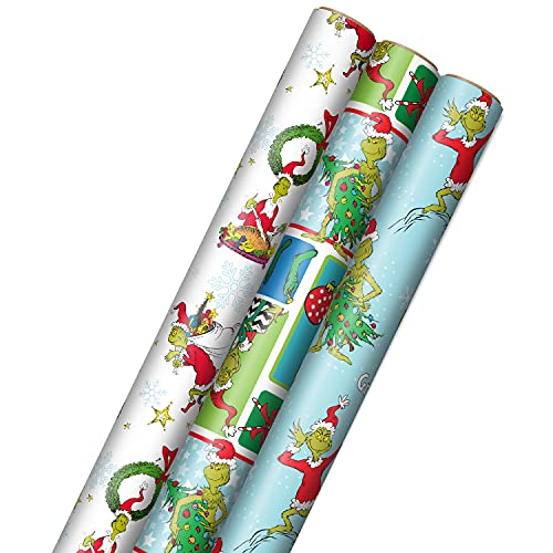 Hallmark Grinch Wrapping Paper for Kids (3 Rolls: 105 Sq. Ft. Ttl) for Christmas with Blue Tiles, White Snowflakes, Cindy Lou Who, Max