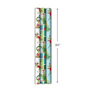 Hallmark Grinch Wrapping Paper for Kids (3 Rolls: 105 Sq. Ft. Ttl) for Christmas with Blue Tiles, White Snowflakes, Cindy Lou Who, Max