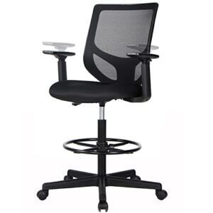 smug tall armrests, counter height standing desk, mid back mesh office drafting chairs with adjustable foot ring, black
