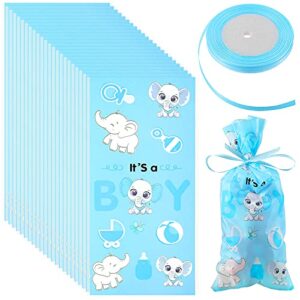 Outus 100 Pieces Elephant Cellophane Bags Cute Elephant Treat Bags with a Roll of Ribbon for Chocolate Candy Snacks Cookies Baby Shower Elephant Themed Party Supplies, It's a Boy