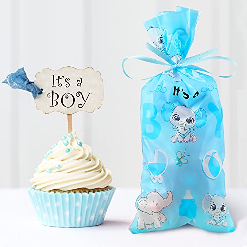 Outus 100 Pieces Elephant Cellophane Bags Cute Elephant Treat Bags with a Roll of Ribbon for Chocolate Candy Snacks Cookies Baby Shower Elephant Themed Party Supplies, It's a Boy