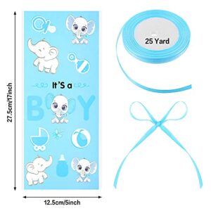 Outus 100 Pieces Elephant Cellophane Bags Cute Elephant Treat Bags with a Roll of Ribbon for Chocolate Candy Snacks Cookies Baby Shower Elephant Themed Party Supplies, It's a Boy