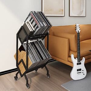 simoretus vinyl record storage holder rack lp storage display stand with casters easy to move mobile book albums storage magazine holder office files organizer shelf (t-32.5 inches)