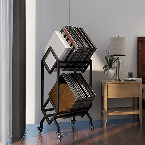 Simoretus Vinyl Record Storage Holder Rack LP Storage Display Stand with Casters Easy to Move Mobile Book Albums Storage Magazine Holder Office Files Organizer Shelf (T-32.5 inches)