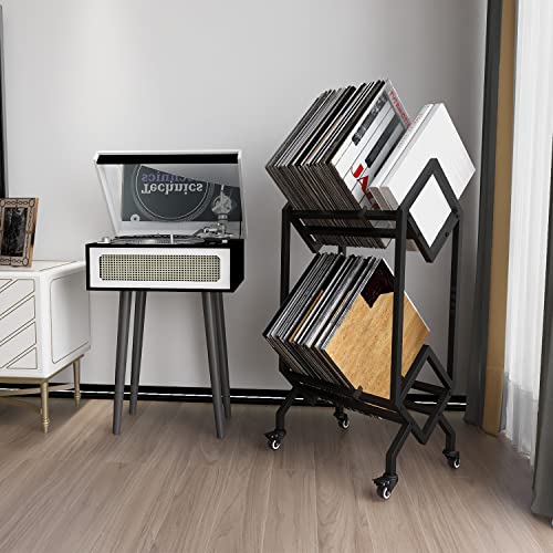 Simoretus Vinyl Record Storage Holder Rack LP Storage Display Stand with Casters Easy to Move Mobile Book Albums Storage Magazine Holder Office Files Organizer Shelf (T-32.5 inches)