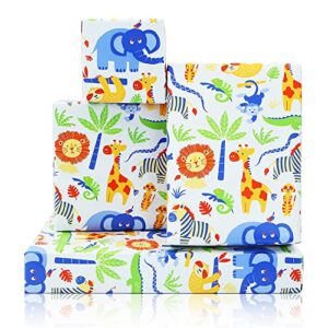 wild safari zoo jungles animals fun wrapping paper 4 sheets for kids boys girls, adorable gift wrap for birthday baby shower children’s day christmas, folded flat 20×30 inches per sheet