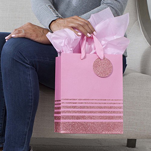 Hallmark 9" Medium Gift Bag with Tissue Paper (Pink Glitter Stripes) for Birthdays, Mothers Day, Baby Showers, Easter, Bridal Showers or Any Occasion