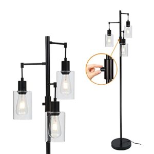 liylan dimmable floor lamp, industrial floor lamp for living room bedroom, black 3 lights tree standing lamp, with on/off switch, clear glass shade