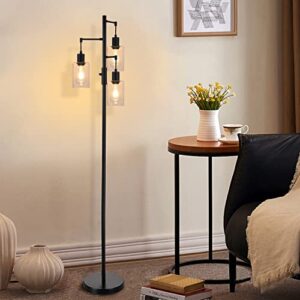 Liylan Dimmable Floor Lamp, Industrial Floor Lamp for Living Room Bedroom, Black 3 Lights Tree Standing Lamp, with On/Off Switch, Clear Glass Shade